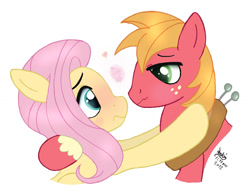 Size: 1180x910 | Tagged: safe, artist:joakaha, imported from derpibooru, big macintosh, fluttershy, earth pony, pony, blushing, fluttermac, heart, male, shipping, signature, simple background, stallion, straight, white background