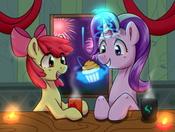 Size: 1600x1200 | Tagged: safe, artist:luka-koward, imported from derpibooru, apple bloom, starlight glimmer, beverage, cup, cute, drink, duo, fire, fireworks, food, happy, magic, muffin, night, open mouth, stars, table, window