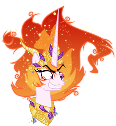 Size: 6000x6482 | Tagged: safe, artist:orin331, imported from derpibooru, nightmare star, princess celestia, pony, absurd resolution, bust, crown, enterplay, evil, evil grin, female, grin, jewelry, majestic as fuck, mane of fire, mare, merchandise, regalia, simple background, smiling, solo, trading card game, transparent background, vector