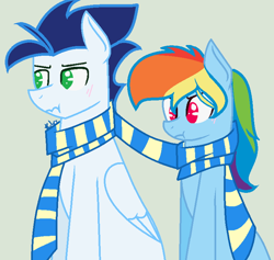 Size: 600x569 | Tagged: safe, artist:color-rainbow-s2, imported from derpibooru, rainbow dash, soarin', pony, blushing, clothes, male, scarf, scrunchy face, shared clothing, shared scarf, shipping, soarindash, straight