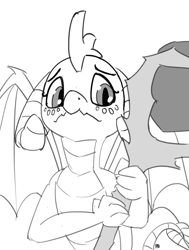 Size: 1280x1695 | Tagged: safe, artist:pabbley, imported from derpibooru, princess ember, dragon, bloodstone scepter, cute, female, grayscale, monochrome, simple background, solo, white background