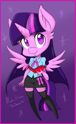 Size: 1261x2060 | Tagged: safe, artist:demonfox, imported from derpibooru, twilight sparkle, alicorn, anthro, book, chibi, clothes, cute, equestria girls outfit, female, miniskirt, signature, skirt, socks, solo, thigh highs, twilight sparkle (alicorn), zettai ryouiki