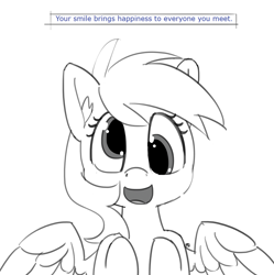 Size: 1280x1287 | Tagged: safe, artist:pabbley, imported from derpibooru, derpy hooves, pegasus, pony, cute, derpabetes, female, fortune cookie, grayscale, happy, heartwarming, looking at you, mare, monochrome, open mouth, simple background, smiling, solo, spread wings, truth, white background