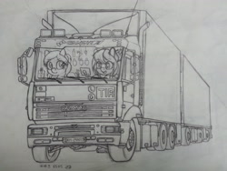Size: 3264x2448 | Tagged: safe, artist:orang111, imported from derpibooru, oc, oc only, oc:cremoa candy, oc:sweet skies, pony, female, gift art, grayscale, kamaz, kamaz 65117, mare, monochrome, tandem truck, traditional art, trailer, truck