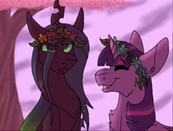 Size: 512x387 | Tagged: safe, artist:bloodredpegasus, artist:rockin_candies, imported from derpibooru, queen chrysalis, twilight sparkle, alicorn, changeling, changeling queen, pony, female, floral head wreath, flower, lesbian, shipping, smiling, tree, twilight sparkle (alicorn), twisalis