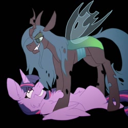 Size: 1024x1019 | Tagged: dead source, safe, artist:bloodredpegasus, artist:rockin_candies, imported from derpibooru, queen chrysalis, twilight sparkle, alicorn, changeling, changeling queen, pony, duo, duo female, female, grin, kabedon, lesbian, on back, pinned, shipping, smiling, twilight sparkle (alicorn), twisalis
