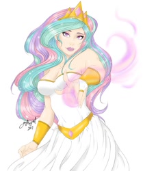 Size: 1024x1223 | Tagged: safe, artist:gothangel0729, imported from derpibooru, princess celestia, human, breasts, clothes, crown, dress, female, humanized, jewelry, looking at you, magic, regalia, simple background, solo, white background