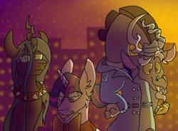 Size: 900x664 | Tagged: safe, artist:bloodredpegasus, artist:rockin_candies, imported from derpibooru, discord, queen chrysalis, twilight sparkle, changeling, city, clothes, collar, crossover, inspector gadget, trenchcoat