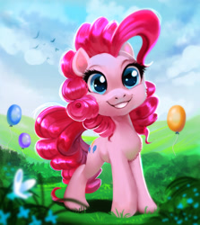 Size: 1291x1445 | Tagged: safe, artist:imalou, imported from derpibooru, pinkie pie, bird, balloon, cloud, cute, diapinkes, female, flower, grass, looking at you, smiling, solo