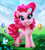 Size: 1291x1445 | Tagged: safe, artist:imalou, imported from derpibooru, pinkie pie, bird, balloon, cloud, cute, diapinkes, female, flower, grass, looking at you, smiling, solo