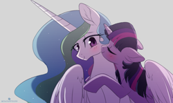 Size: 1280x765 | Tagged: safe, artist:verawitch, deleted from derpibooru, imported from derpibooru, princess celestia, twilight sparkle, alicorn, pony, blushing, cute, eyes closed, female, floppy ears, lesbian, missing accessory, shipping, simple background, smiling, twilestia, twilight sparkle (alicorn)
