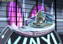 Size: 1123x781 | Tagged: safe, artist:renabu, imported from derpibooru, dj pon-3, vinyl scratch, pony, unicorn, disc jockey, eyewear, female, neon, open mouth, patreon, patreon logo, solo, turntable