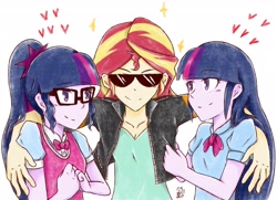 Size: 2274x1642 | Tagged: safe, artist:aka-ryuga, imported from derpibooru, sci-twi, sunset shimmer, twilight sparkle, equestria girls, clothes, female, heart, jacket, lesbian, scitwishimmer, shipping, smiling, sunglasses, sunset gets all the twilights, sunset twiangle, sunsetsparkle, twolight