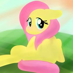 Size: 600x600 | Tagged: safe, artist:one$hot, imported from derpibooru, fluttershy, pegasus, pony, blushing, female, floppy ears, gray background, lineless, mare, minimalist, modern art, shy, simple background, sitting, solo