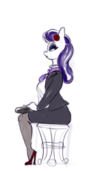 Size: 833x1484 | Tagged: safe, artist:helloiamyourfriend, imported from derpibooru, rarity, anthro, alternate hairstyle, clothes, colored sketch, eyeshadow, female, flower, formal wear, high heels, lipstick, makeup, necktie, purse, shoes, simple background, sitting, sketch, solo, stool, white background