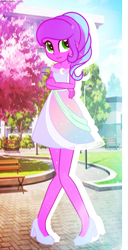 Size: 762x1494 | Tagged: safe, artist:asika-aida, imported from derpibooru, oc, oc only, oc:crescent quill, equestria girls, clothes, commission, crossed arms, cute, dress, equestria girls-ified, female, green eyes, high heels, off shoulder, park, smiling, solo