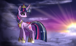 Size: 1448x873 | Tagged: safe, artist:not-ordinary-pony, imported from derpibooru, twilight sparkle, alicorn, pony, cloud, colored wings, colored wingtips, crepuscular rays, crown, curved horn, female, hoof shoes, horn, immortality blues, jewelry, mare, peytral, regalia, solo, twilight (astronomy), twilight sparkle (alicorn), ultimate twilight