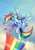 Size: 2149x3035 | Tagged: safe, artist:hoz-boz, imported from derpibooru, rainbow dash, pony, cloud, female, flying, looking down, rainbow, sky, smiling, solo, spread wings