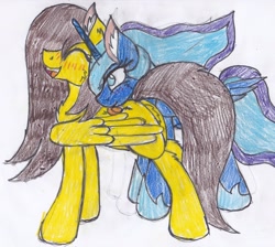 Size: 2738x2458 | Tagged: safe, artist:cuddlelamb, imported from derpibooru, princess luna, oc, oc:golden lily, pegasus, pony, blushing, eyes closed, laughing, licking, tickling, tongue out, traditional art