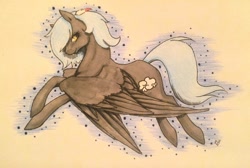 Size: 1024x690 | Tagged: safe, artist:oneiria-fylakas, imported from derpibooru, oc, oc only, oc:cloudy night, pegasus, pony, female, flying, mare, solo, traditional art