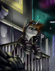 Size: 1583x2048 | Tagged: safe, artist:aphexangel, imported from derpibooru, oc, oc only, oc:order compulsive, pony, unicorn, advertisement, advertising, balcony, building, city, commission, cyberpunk, dark, future, futuristic, night, railing, serious, serious face, solo, sunglasses, text