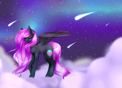 Size: 1024x740 | Tagged: safe, artist:itsizzybel, imported from derpibooru, oc, oc only, oc:cream cloud, pegasus, pony, cloud, eyes closed, female, mare, night, shooting star, solo