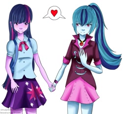 Size: 1087x1010 | Tagged: safe, artist:amuxjoker, imported from derpibooru, sonata dusk, twilight sparkle, equestria girls, clothes, female, heart, holding hands, lesbian, ponytail, shipping, simple background, skirt, twinata