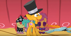 Size: 1062x545 | Tagged: safe, imported from derpibooru, screencap, apple bloom, scootaloo, snails, snips, sweetie belle, pony, unicorn, the show stoppers, bandana, clothes, colt, face paint, great moments in animation, male, show stopper outfits, smear frame