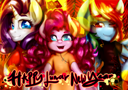 Size: 3035x2149 | Tagged: safe, artist:monochromacat, imported from derpibooru, pinkie pie, rainbow dash, rarity, pony, bipedal, blushing, cheongsam, chinese new year, clothes, cute, dress, happy new year, happy new year 2017, one eye closed, smiling, trio, wink, year of the rooster