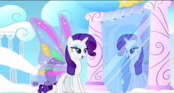 Size: 1360x730 | Tagged: safe, imported from derpibooru, screencap, rarity, pony, sonic rainboom (episode), bedroom eyes, cloudsdale, female, glimmer wings, lidded eyes, mare, mirror, solo