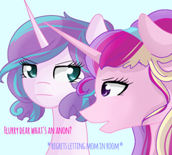 Size: 1000x900 | Tagged: safe, artist:doodledonut, imported from derpibooru, princess cadance, princess flurry heart, pony, dialogue, duo, flurry heart replies, older, tumblr