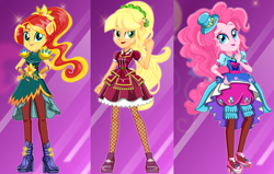 Size: 838x533 | Tagged: safe, artist:unicornsmile, imported from derpibooru, applejack, pinkie pie, sunset shimmer, equestria girls, clothes, crystal guardian, fist, freckles, lipstick, musketeer, open mouth, ponied up, starsue