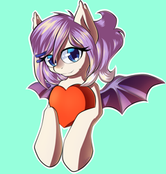 Size: 2000x2090 | Tagged: safe, artist:chaosangeldesu, imported from derpibooru, oc, oc only, oc:sweet tooth, bat pony, pony, bust, cute, heart, simple background, solo, teal background