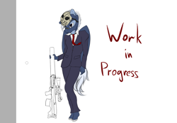 Size: 1060x733 | Tagged: safe, artist:syntiset, edit, imported from derpibooru, oc, oc only, oc:ginny, anthro, pegasus, anthro oc, clothes, gun, mask, necktie, payday, rifle, solo, suit, vks, vssk «exhaust», weapon, wip