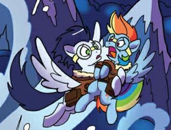 Size: 350x266 | Tagged: safe, idw, imported from derpibooru, rainbow dash, soarin', pony, spoiler:comicff36, bomber jacket, clothes, flying, goggles, holding a pony, jacket, mount everhoof