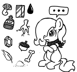 Size: 640x600 | Tagged: safe, artist:ficficponyfic, imported from derpibooru, oc, oc only, oc:emerald jewel, earth pony, pony, colt quest, acorn, bandana, blank flank, bone, bottle, child, colt, cyoa, feather, foal, frown, gem, hair over one eye, male, monochrome, mushroom, roots, solo, story included