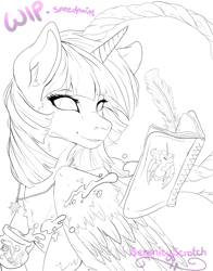 Size: 2640x3360 | Tagged: safe, artist:serenity, imported from derpibooru, twilight sparkle, alicorn, pony, accessory, book, cute, female, fluffy, ink, jewelry, lineart, magic, mare, necklace, pretty, series, solo, twilight sparkle (alicorn), wip