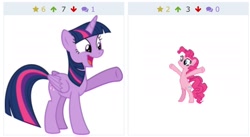 Size: 1984x1089 | Tagged: safe, imported from derpibooru, pinkie pie, twilight sparkle, alicorn, earth pony, pony, derpibooru, juxtaposition, meta, twilight sparkle (alicorn)