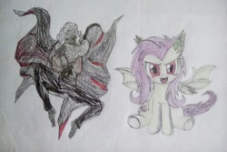 Size: 1024x682 | Tagged: safe, artist:shinmegamitenseishy, imported from derpibooru, fluttershy, bat pony, pony, vampire, crossover, flutterbat, haunt kudlak, kudlak, persona, shin megami tensei, smt