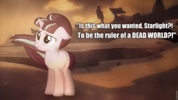 Size: 960x541 | Tagged: safe, imported from derpibooru, starlight glimmer, the cutie re-mark, alternate timeline, ashlands timeline, barren, desert, doctor who, implied genocide, post-apocalyptic, remorse, sad, sadlight glimmer, wasteland