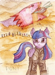 Size: 464x635 | Tagged: safe, artist:daisymane, imported from derpibooru, twilight sparkle, twilight sparkle (alicorn), alicorn, pony, sandworm, shai-hulud, tatzlwurm, crossover, desert, dune, fremen, looking at you, parody, stillsuit, traditional art, watercolor painting