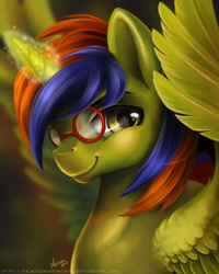 Size: 960x1200 | Tagged: safe, artist:paintedhoofprints, imported from derpibooru, oc, oc only, oc:storm spark, alicorn, pony, alicorn oc, bust, glasses, magic, portrait, round glasses, solo