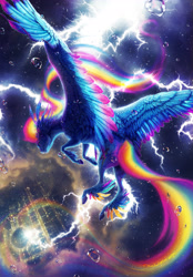 Size: 3600x5175 | Tagged: safe, artist:turnipberry, imported from derpibooru, rainbow dash, pegasus, pony, absurd resolution, awesome, cheek feathers, color porn, colored wings, colored wingtips, detailed, epic, ethereal mane, feathered fetlocks, female, flying, large wings, lightning, mare, neck feathers, rain, rainbow power, rainbow trail, realistic anatomy, realistic horse legs, scenery, scenery porn, solo, spread wings, storm, technical advanced, technically advanced, too big for derpibooru, water droplet, winged hooves, wings