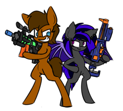 Size: 1489x1354 | Tagged: safe, artist:nekro-led, imported from derpibooru, oc, oc only, oc:background, oc:moonshadow, bat pony, pony, nerf, watergun