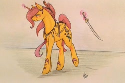 Size: 1024x682 | Tagged: safe, artist:oneiria-fylakas, imported from derpibooru, oc, oc only, oc:katana bloom, pony, unicorn, female, magic, mare, solo, sword, traditional art, weapon