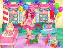 Size: 4628x3579 | Tagged: safe, artist:iluphi, imported from derpibooru, gummy, pinkie pie, human, absurd resolution, balloon, cake, clothes, cute, food, happy, humanized, party, punch (drink), punch bowl, shoes, skirt, sneakers, socks