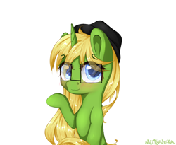 Size: 1024x838 | Tagged: safe, artist:mitralexa, imported from derpibooru, oc, oc only, pony, unicorn, blushing, female, glasses, hat, looking at you, mare, raised hoof, simple background, solo, white background