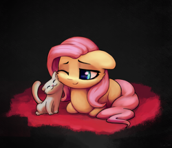 Size: 2500x2153 | Tagged: safe, artist:inowiseei, imported from derpibooru, fluttershy, cat, pony, cute, daaaaaaaaaaaw, eyes closed, female, floppy ears, high res, inowiseei is trying to murder us, mare, nuzzling, one eye closed, prone, shyabetes, smiling, solo, sweet dreams fuel, weapons-grade cute