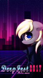 Size: 1085x1934 | Tagged: safe, artist:inowiseei, imported from derpibooru, derpy hooves, pegasus, pony, alternate eye color, building, clothes, derpfest, female, jacket, mare, neon, poster, retrowave, solo