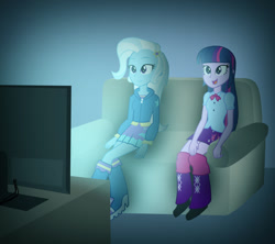 Size: 1024x910 | Tagged: safe, artist:drawingaccount, imported from derpibooru, trixie, twilight sparkle, equestria girls, boots, clothes, couch, high heel boots, high heels, hoodie, jacket, leg warmers, pleated skirt, shoes, skirt, television